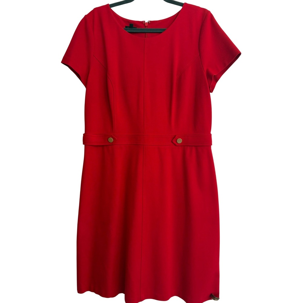 Theory‎ Red Short Sleeve Sheath Dress Gold Button Waist Detail Size Large